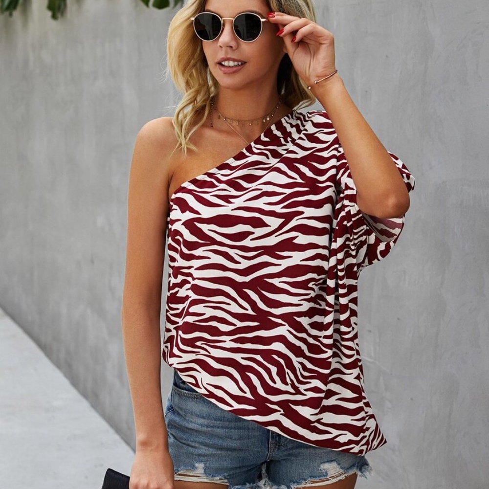 brown zebra print stripes one shoulder tunic top - Picture 12 of 12